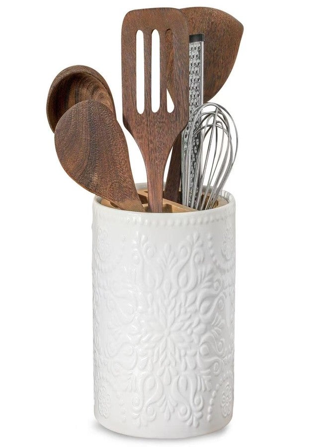 Howise 7" Relief Utensil Holder, Large Kitchen Utensil Holder Organizer , White Stable Utensil Crock Spatula Holder for Kitchen Counter Countertop Farmhouse Cooking Tools Holder with Bamboo Frame - Image 1
